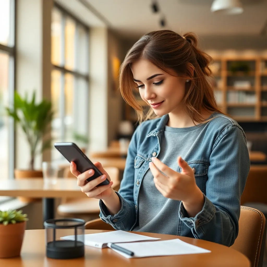 Kobieta sprawdzająca swoje finanse na smartfonie w kawiarni
